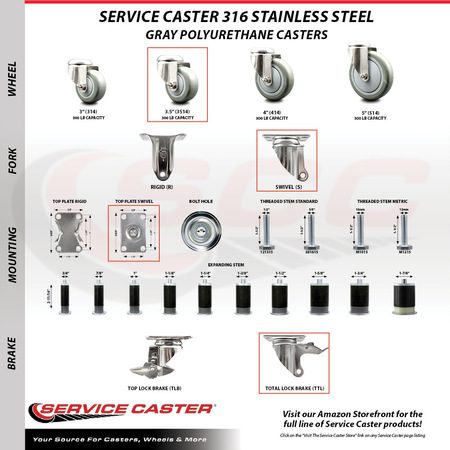 Service Caster 3.5 Inch 316SS Gray Polyurethane Swivel Plate Caster Lock Brake 2 Rigid, 2PK SCC-SS316TTL20S3514-PPUB-2-R-2